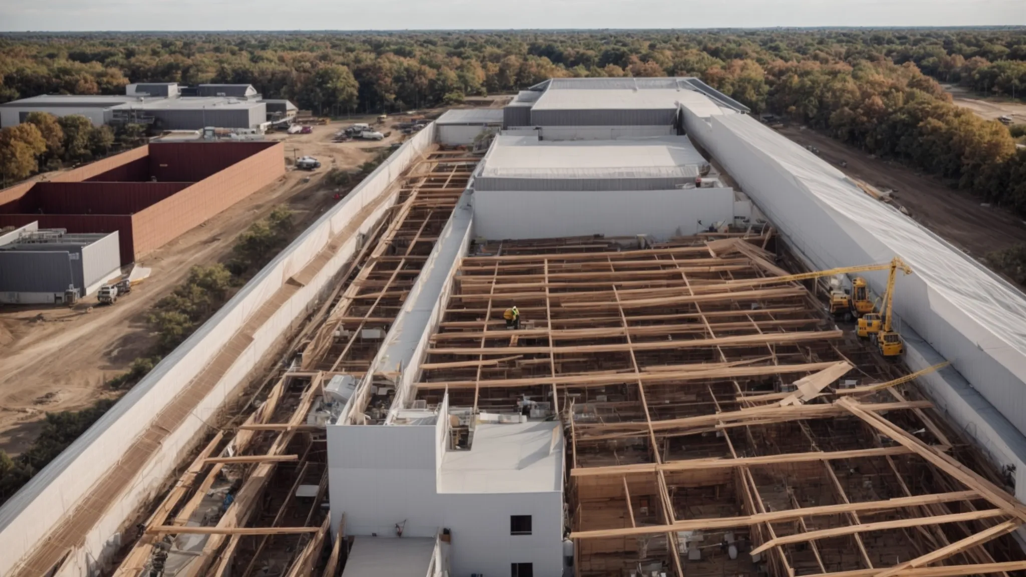 a team of construction workers installs new roofing on a large commercial building under a clear sky.