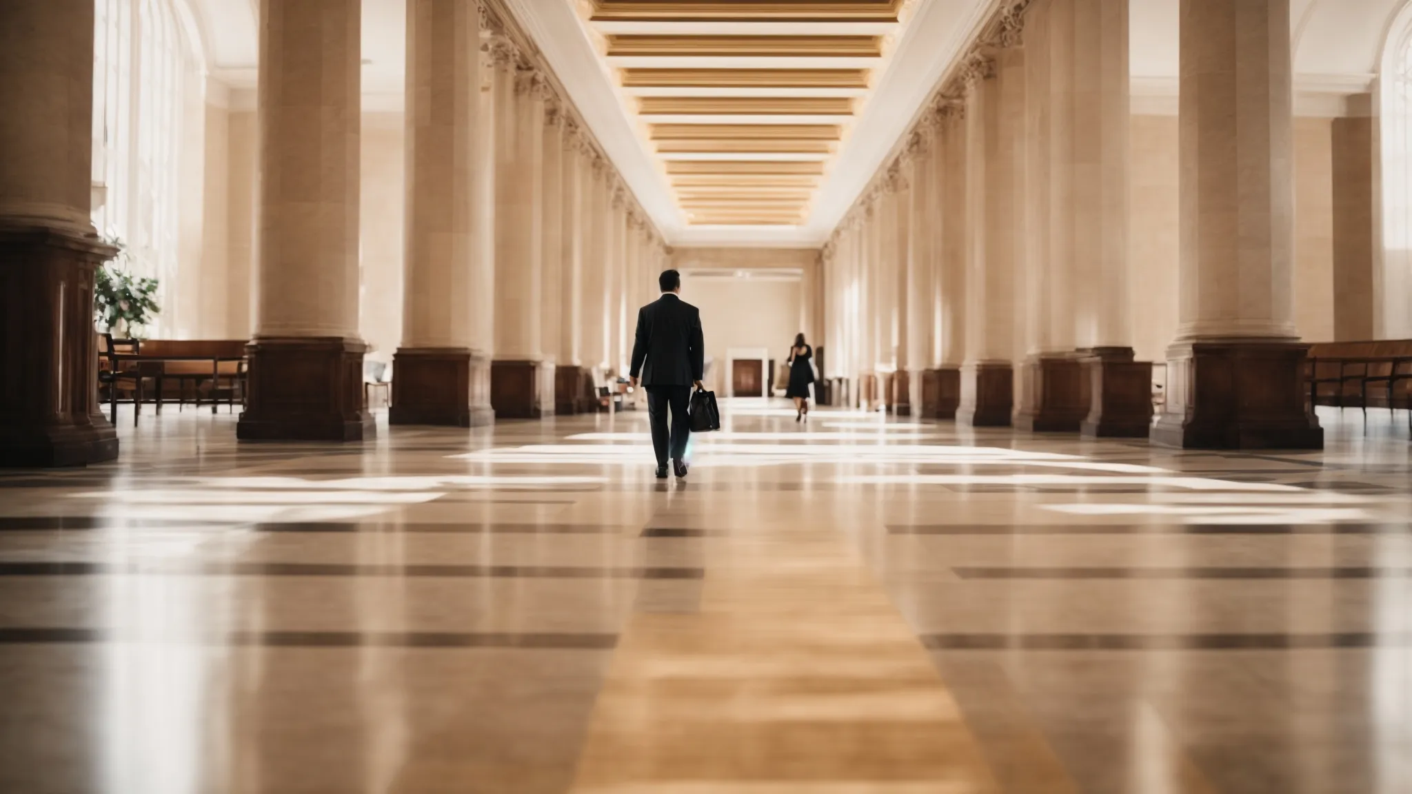 a determined lawyer strides purposefully through a large court building's grand hallway.