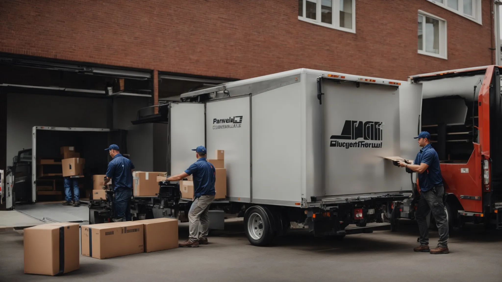 a team of professional movers carefully loading office furniture and equipment into a large moving truck.
