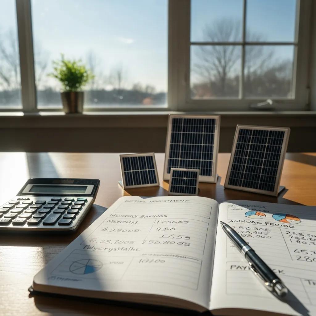 Calculator and notepad with solar energy savings calculations, emphasizing financial analysis
