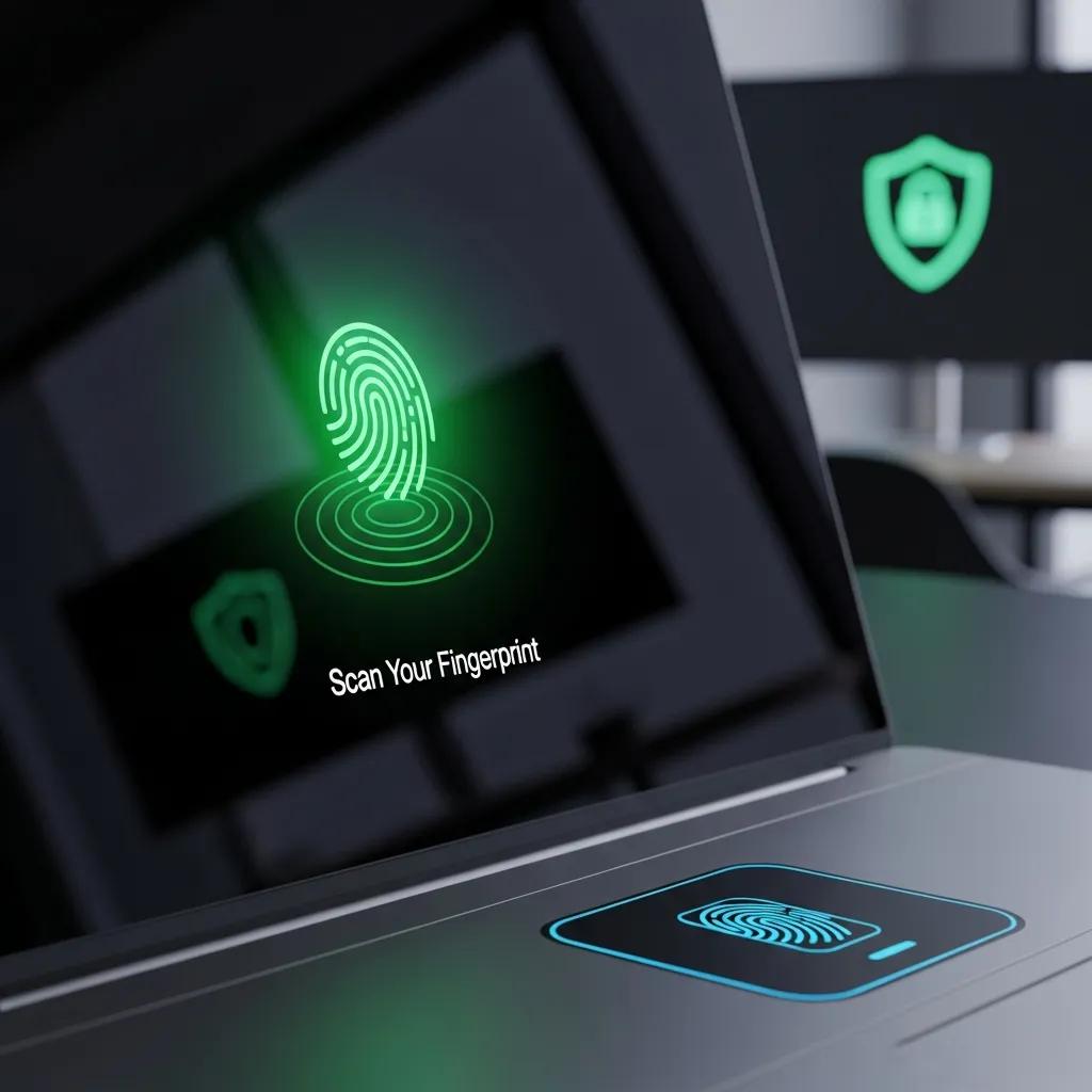 Close-up of a laptop with biometric authentication interface, highlighting essential security features for business use