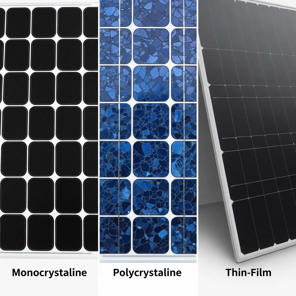 Close-up of various solar panel types: monocrystalline, polycrystalline, and thin-film, illustrating differences in design and efficiency