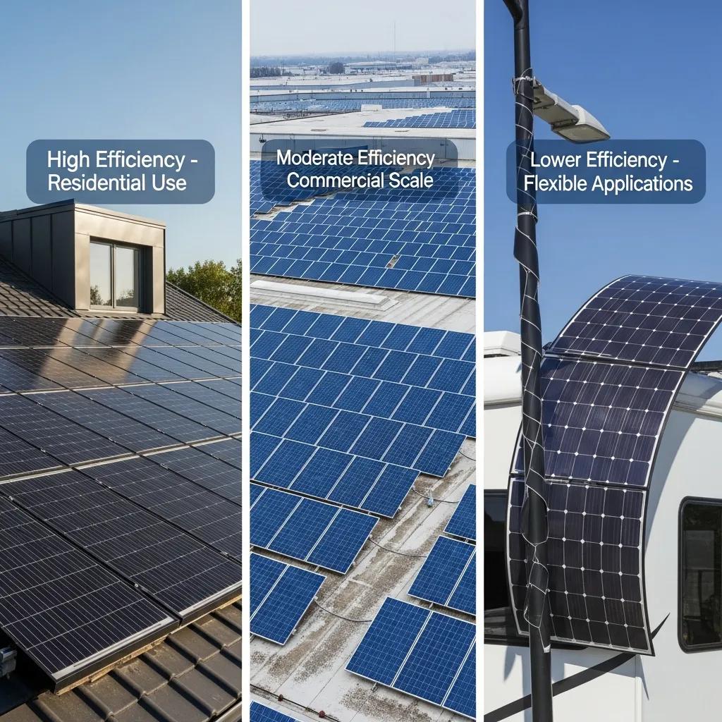 Comparison of solar panel types in different settings showcasing their efficiency rates