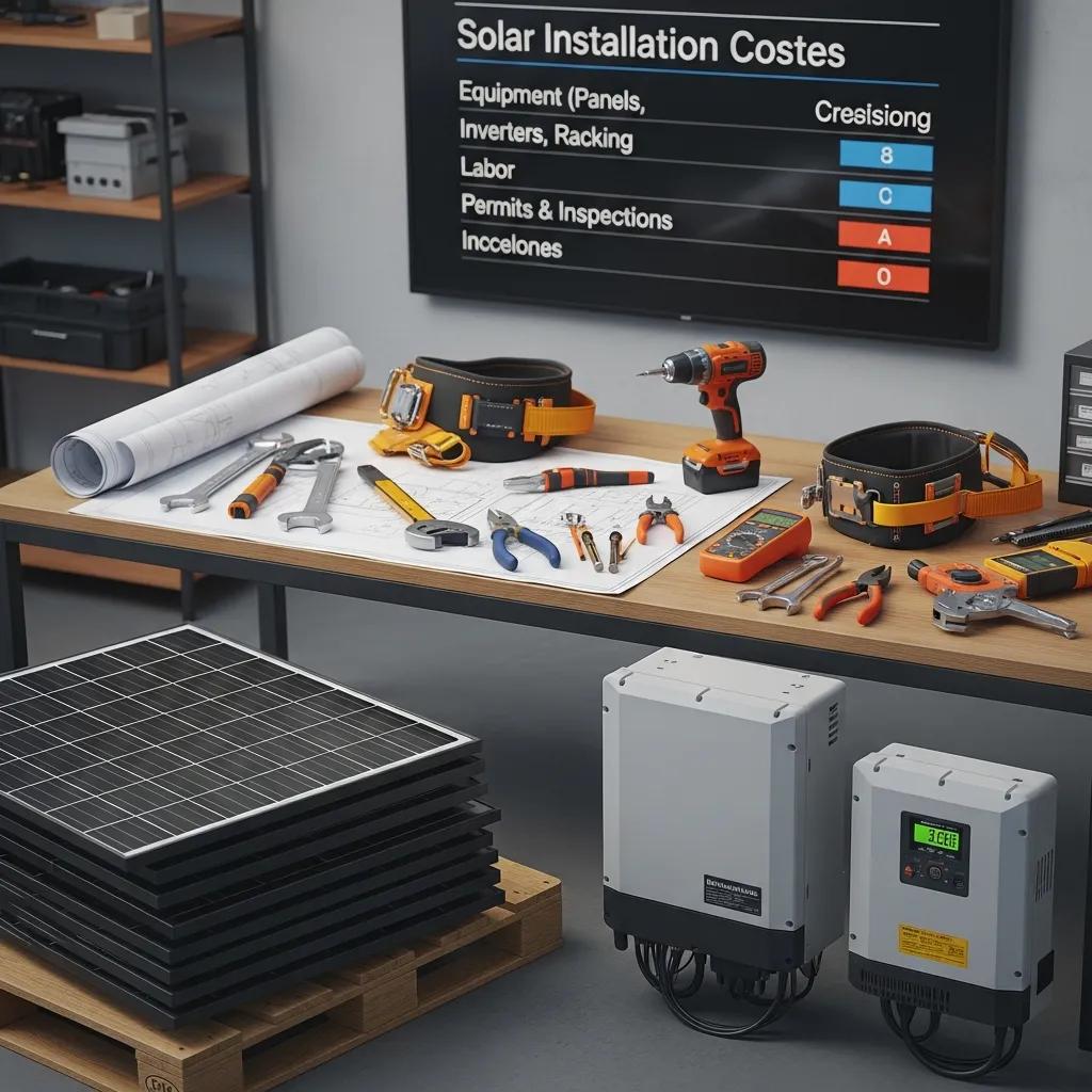 Components of solar panel installation including panels, inverters, and tools in a workshop setting