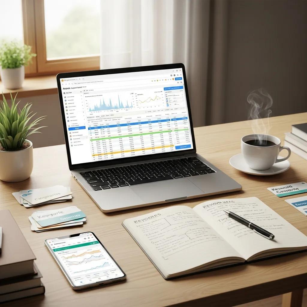 Desk with keyword research tools and laptop