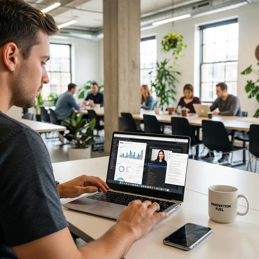 Entrepreneur using a high-performance laptop in a co-working space, illustrating productivity and multitasking