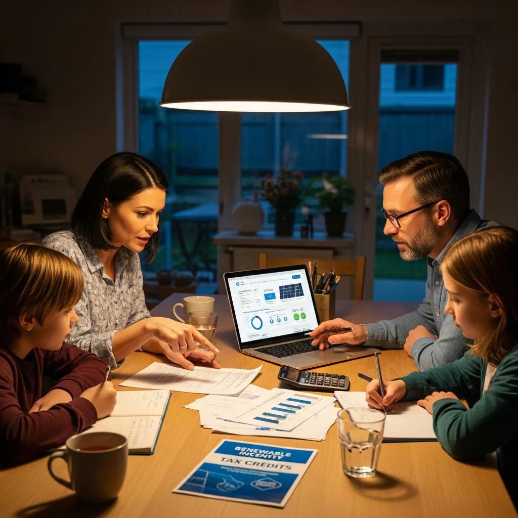 Family discussing solar panel installation costs and government incentives