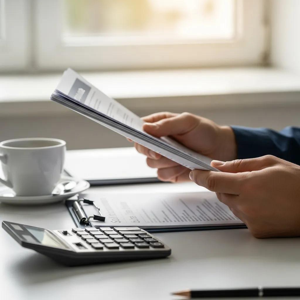 Hands holding documents on solar incentives and rebates for energy savings