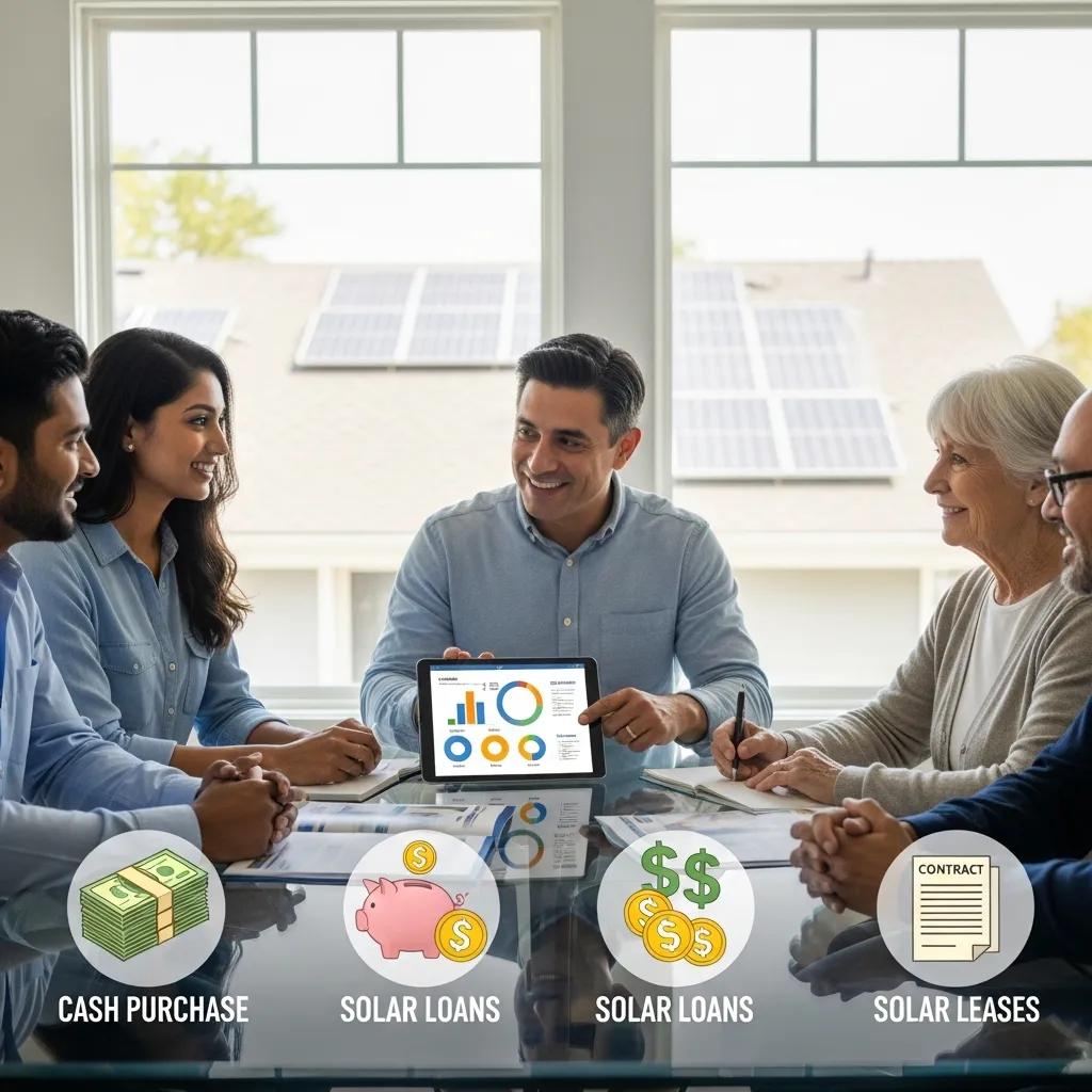 Homeowners discussing solar financing options with a consultant in a bright environment