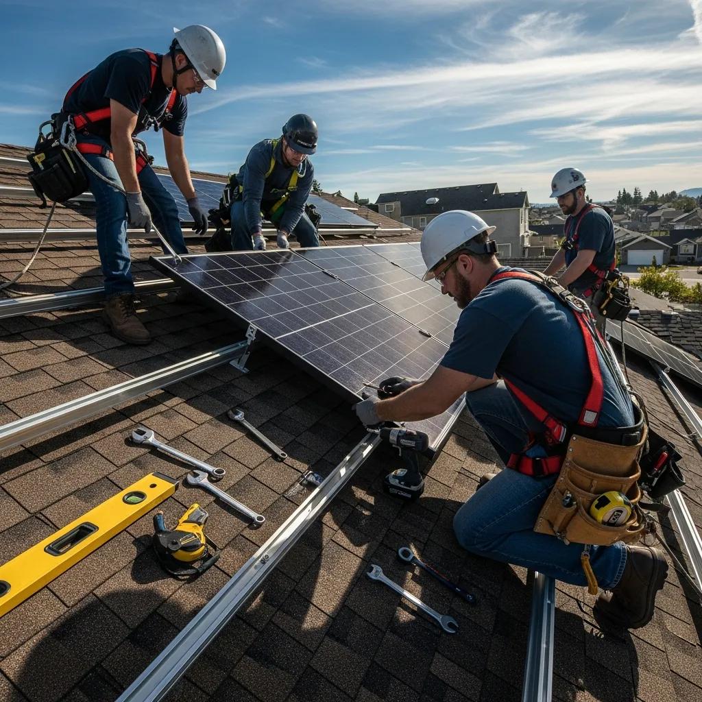 Installation team working on solar panels on a residential roof, highlighting the installation process