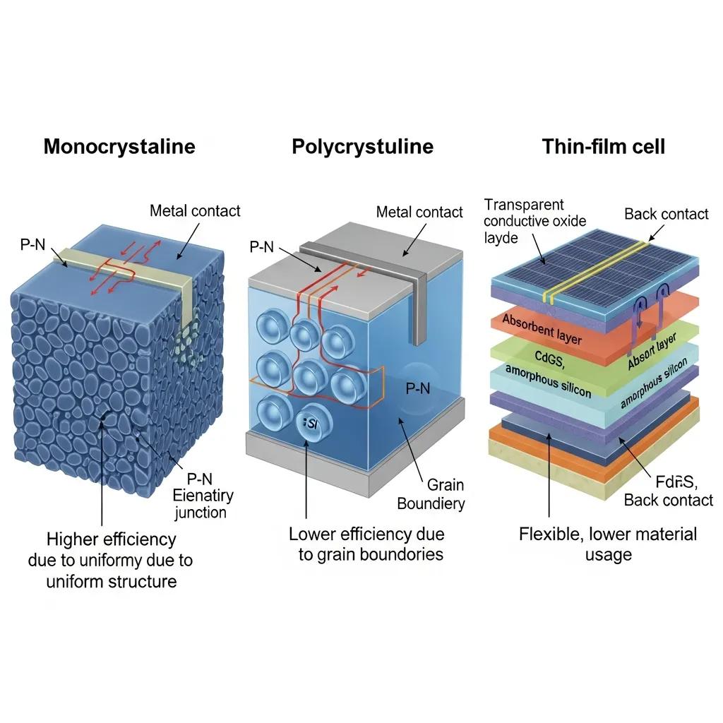 Internal structures of monocrystalline, polycrystalline, and thin-film solar cells highlighting their differences