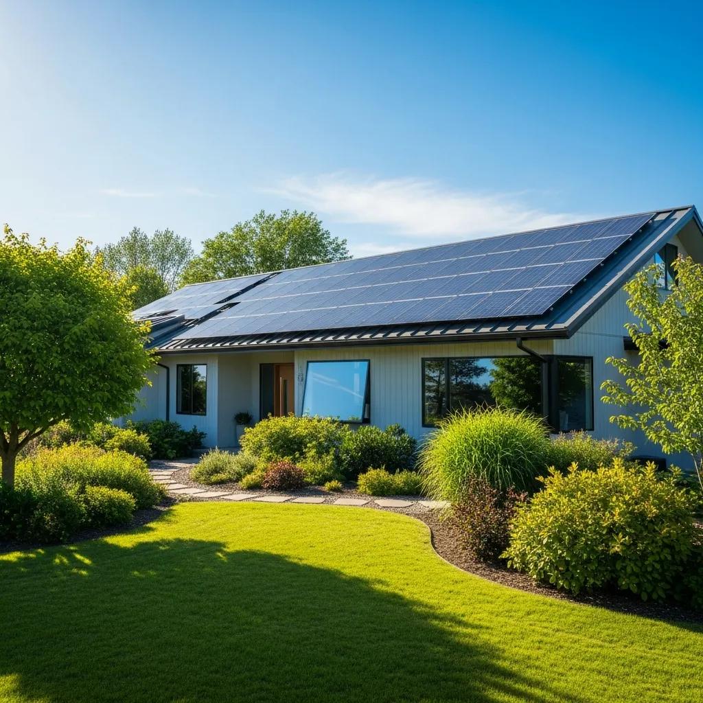 Modern home with solar panels on the roof under a clear blue sky