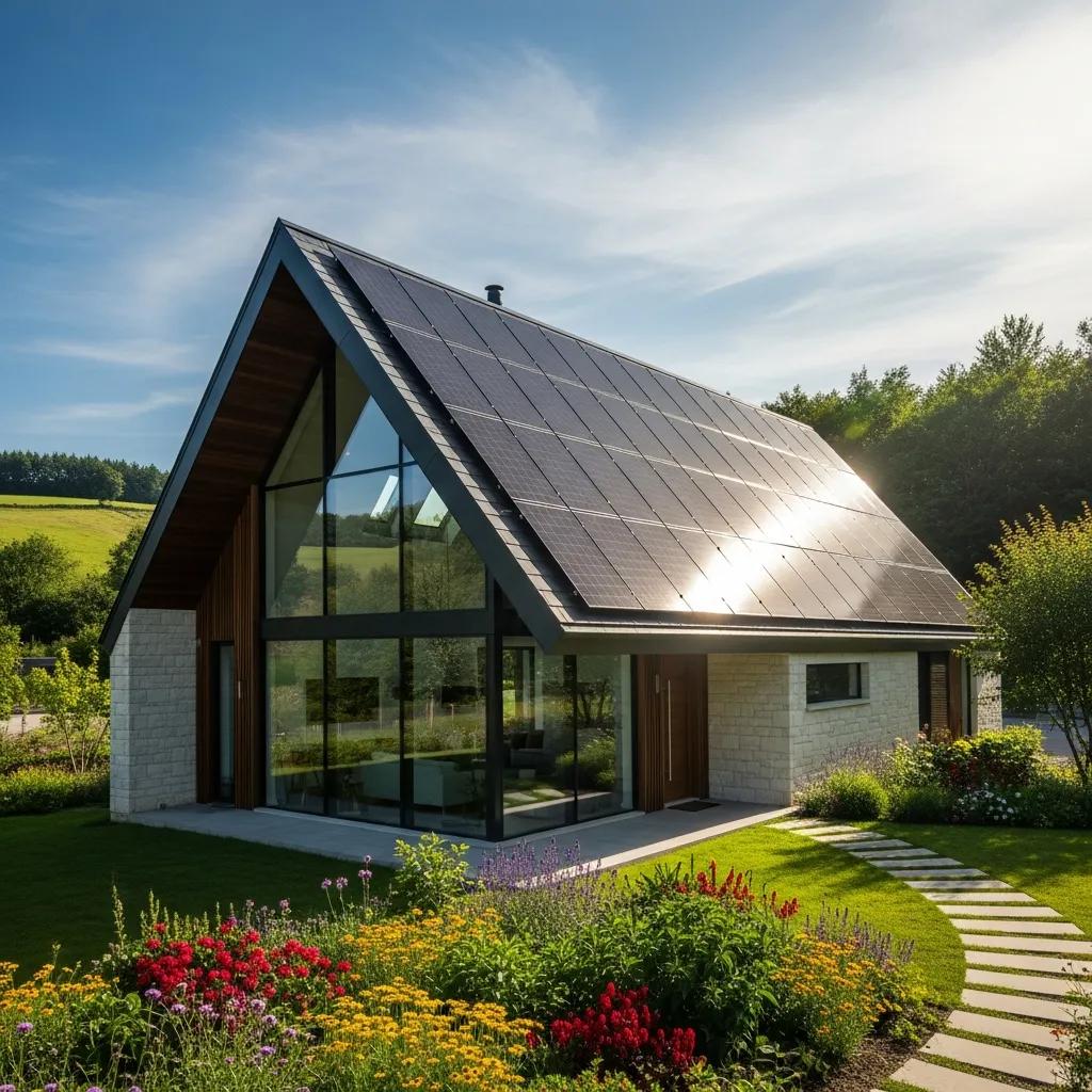 Modern home with solar panels under a clear blue sky, representing sustainable energy solutions