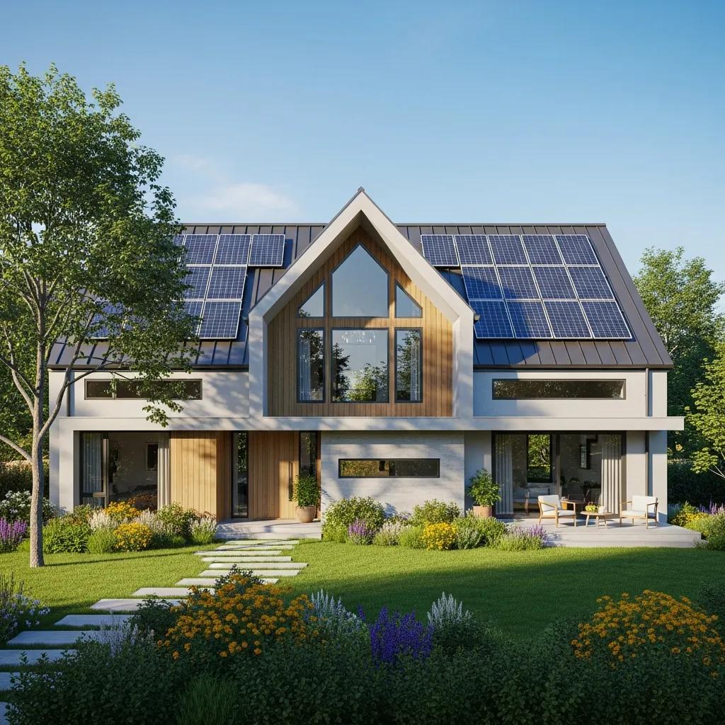 Modern home with solar panels under clear blue skies, representing sustainable energy investment