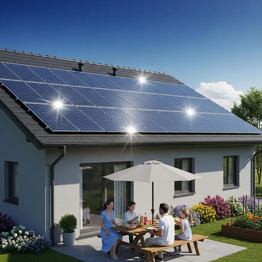 Modern solar panel installation on a residential rooftop under a clear blue sky