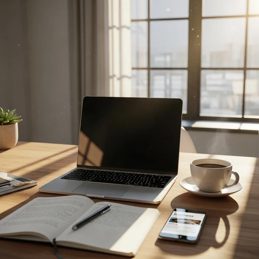 Modern workspace with a laptop, notebook, coffee cup, and smartphone, representing tools for entrepreneurs