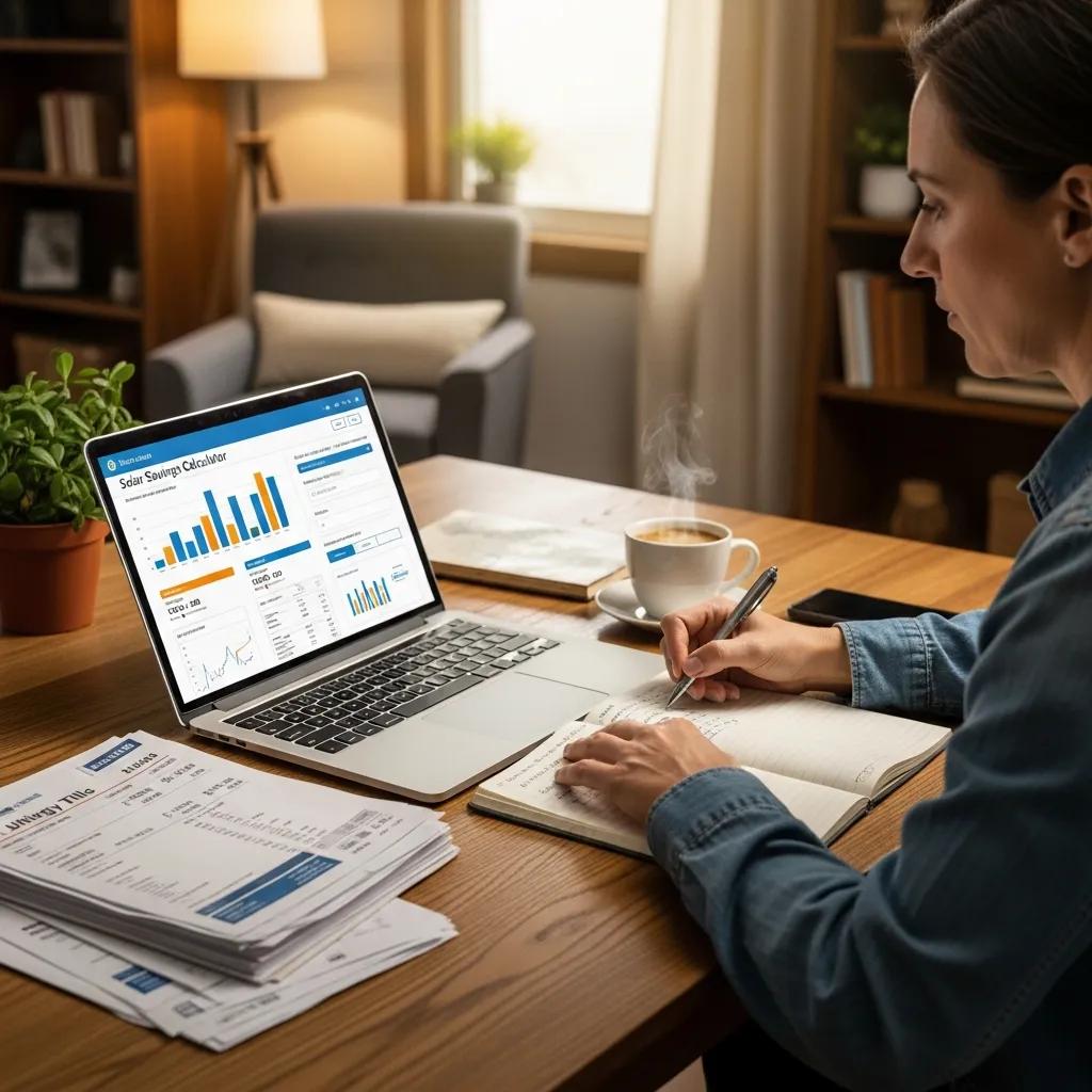 Person calculating solar savings using a calculator in a home office