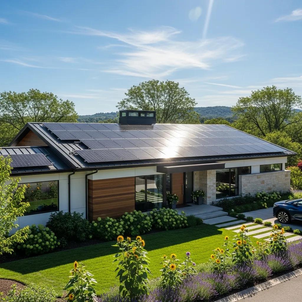 Residential home with solar panels under a clear blue sky, representing sustainable energy solutions