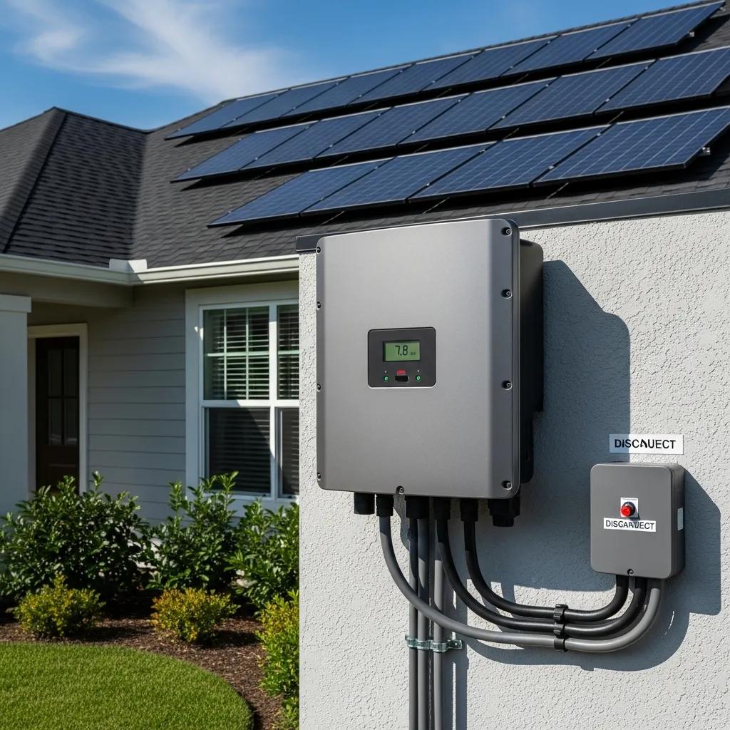 String inverter installed in a residential setting with solar panels