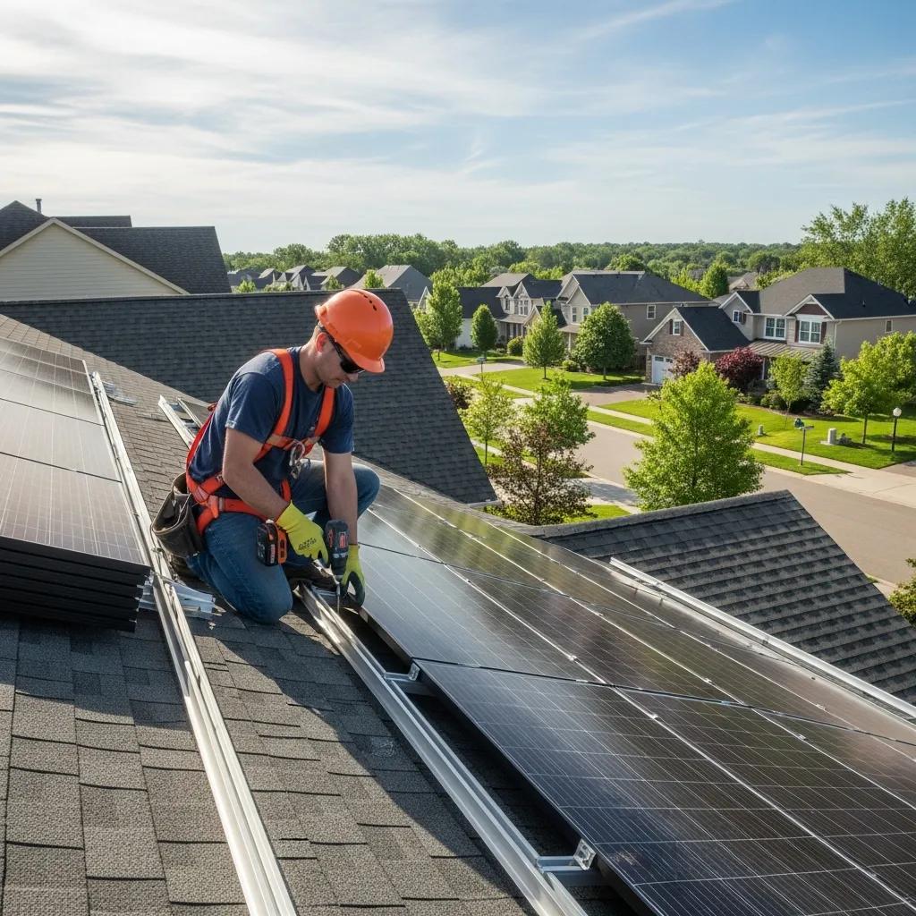 Technician installing solar panels on a rooftop, illustrating key installation costs