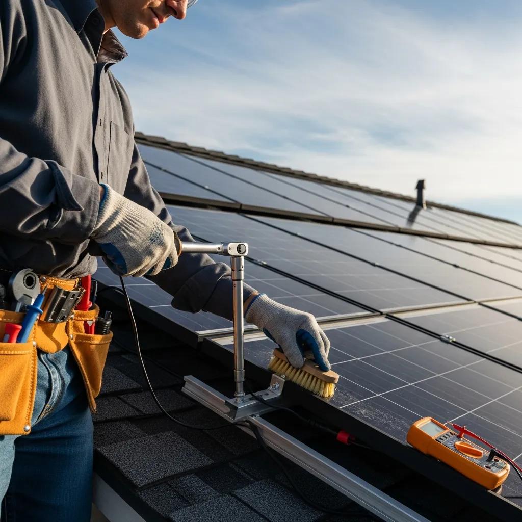 Technician performing maintenance on residential solar panels