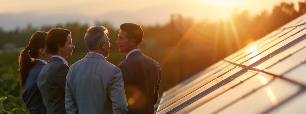 professional business team anchored to a solar panel, discussing rhode island solar rebates.
