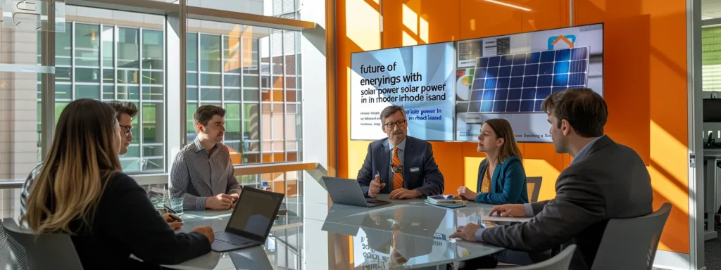 business professionals gathered around a table in a modern office, with a large poster of a solar panel and the words "future of energy savings with solar power in rhode island" displayed prominently.