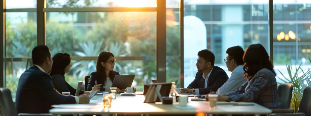 business professionals gathered around a conference table discussing ai search platform benefits and data privacy impact.