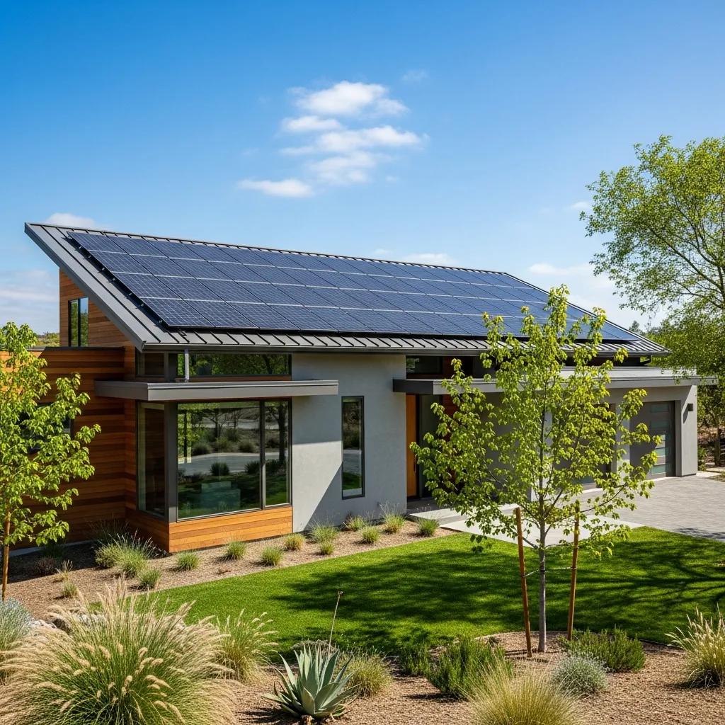 Modern home with solar panels under a clear blue sky, representing sustainable energy solutions