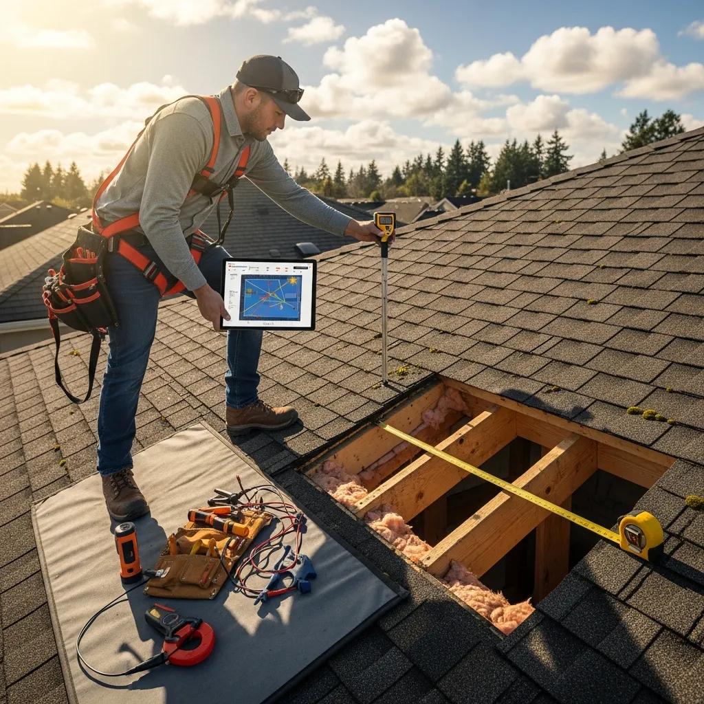 Technician assessing a roof for solar panel installation, emphasizing preparation for solar energy