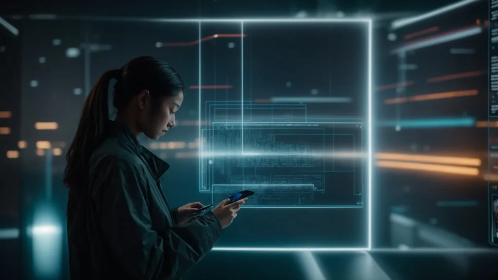 a person using a large touchscreen display to navigate between a futuristic ai interface and a conventional search engine page.