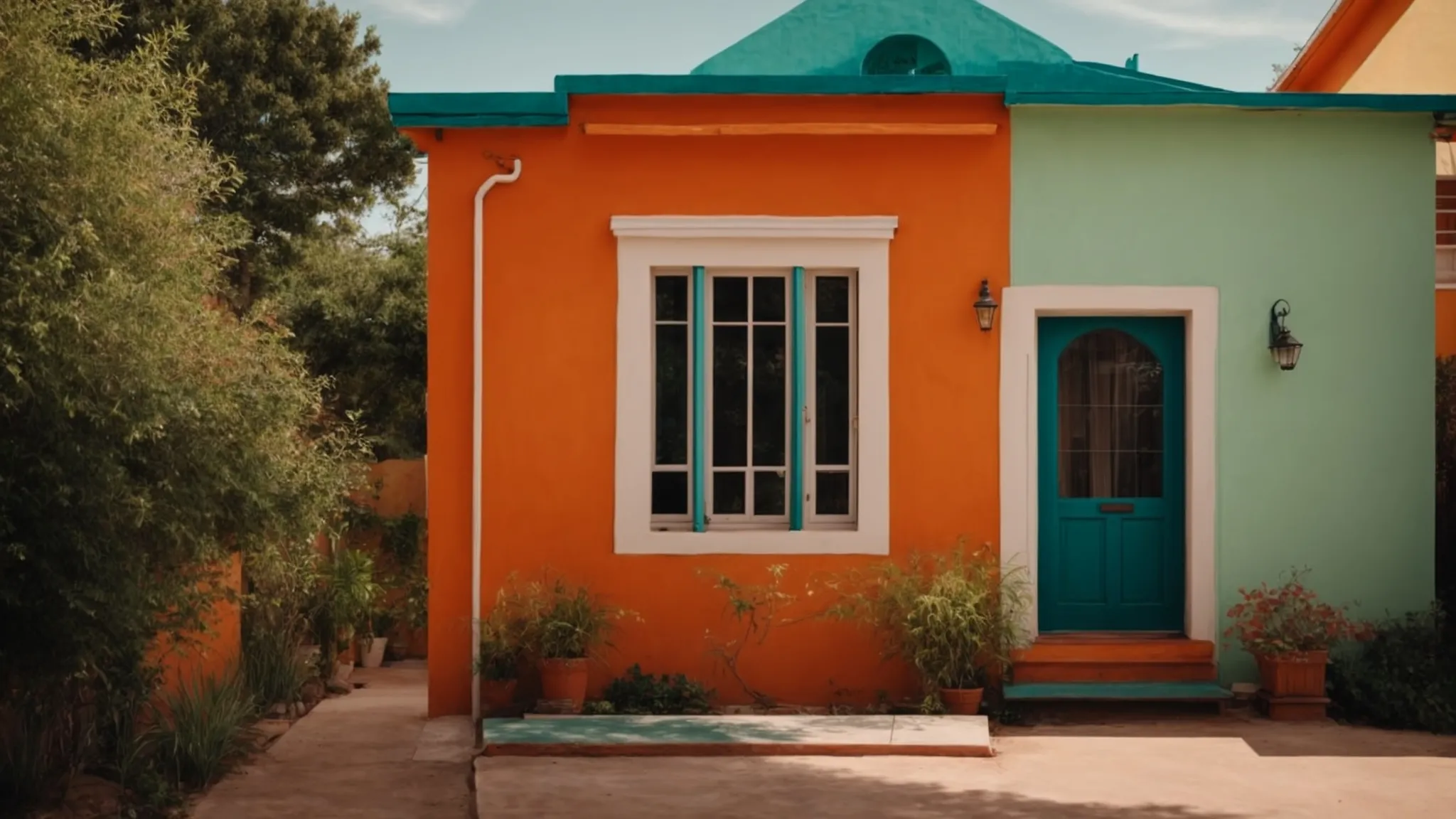 a freshly painted house stands with contrasting vibrant colors on the interior and exterior walls.