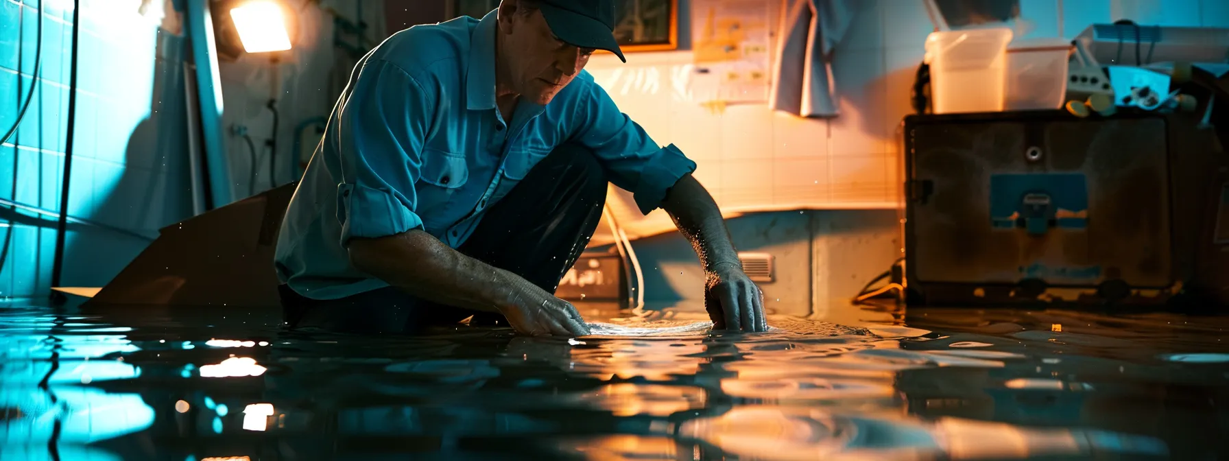 a business professional using specialized equipment to assess trapped moisture after flood cleanup.