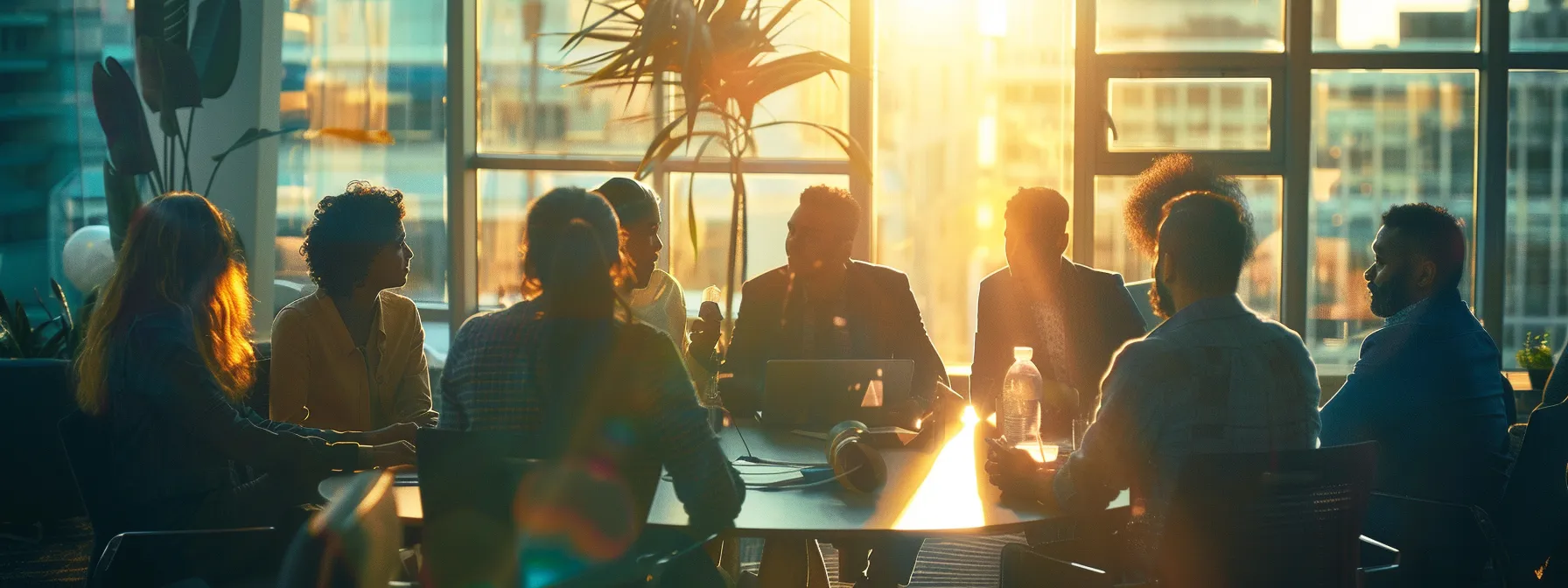 a diverse group of professionals engages in a dynamic brainstorming session, enhancing collaboration through strategic discussion.