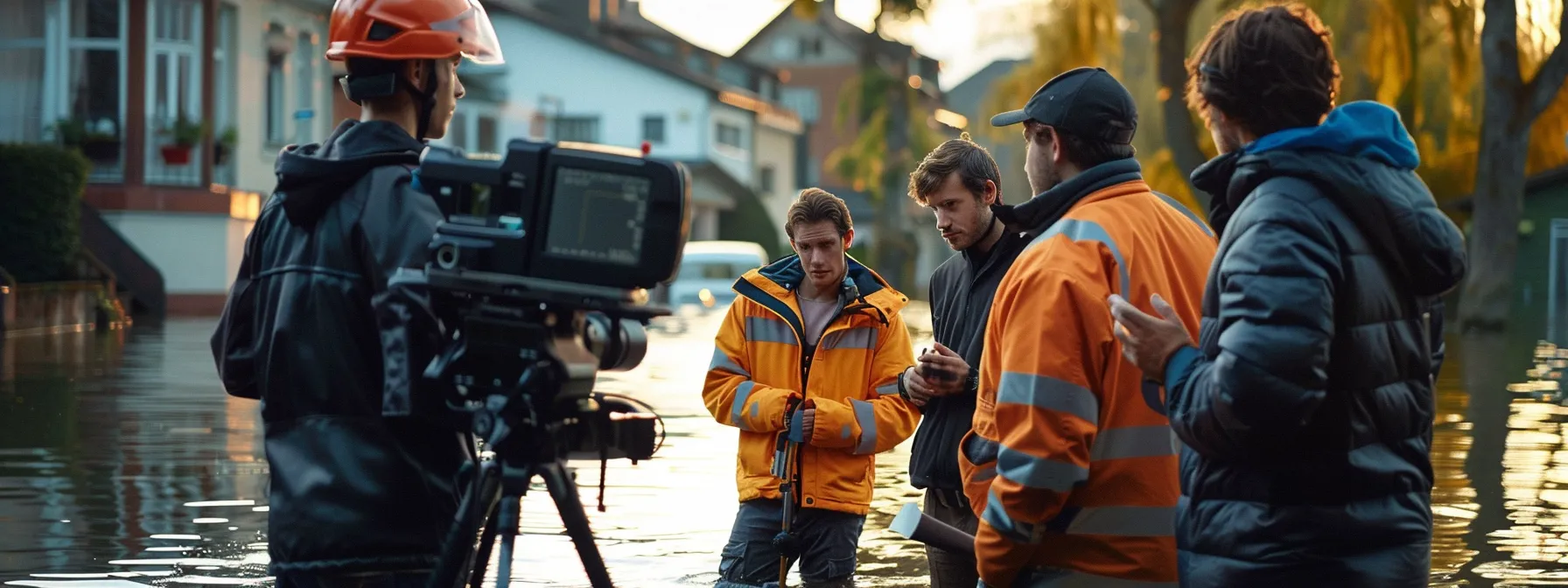 group of professionals discussing flood cleanup benefits next to an anchor symbol.