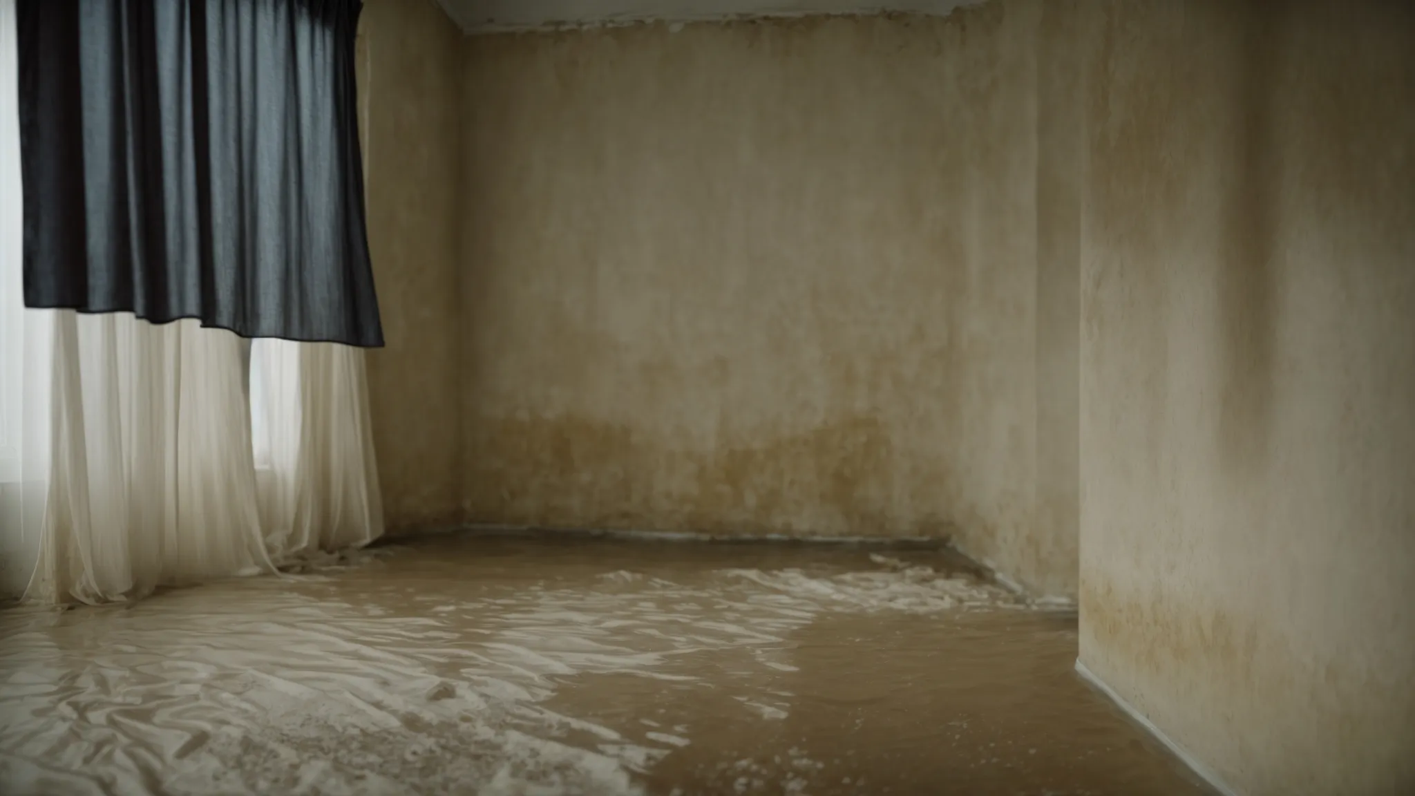 soggy carpets and damp walls in a water-damaged room.