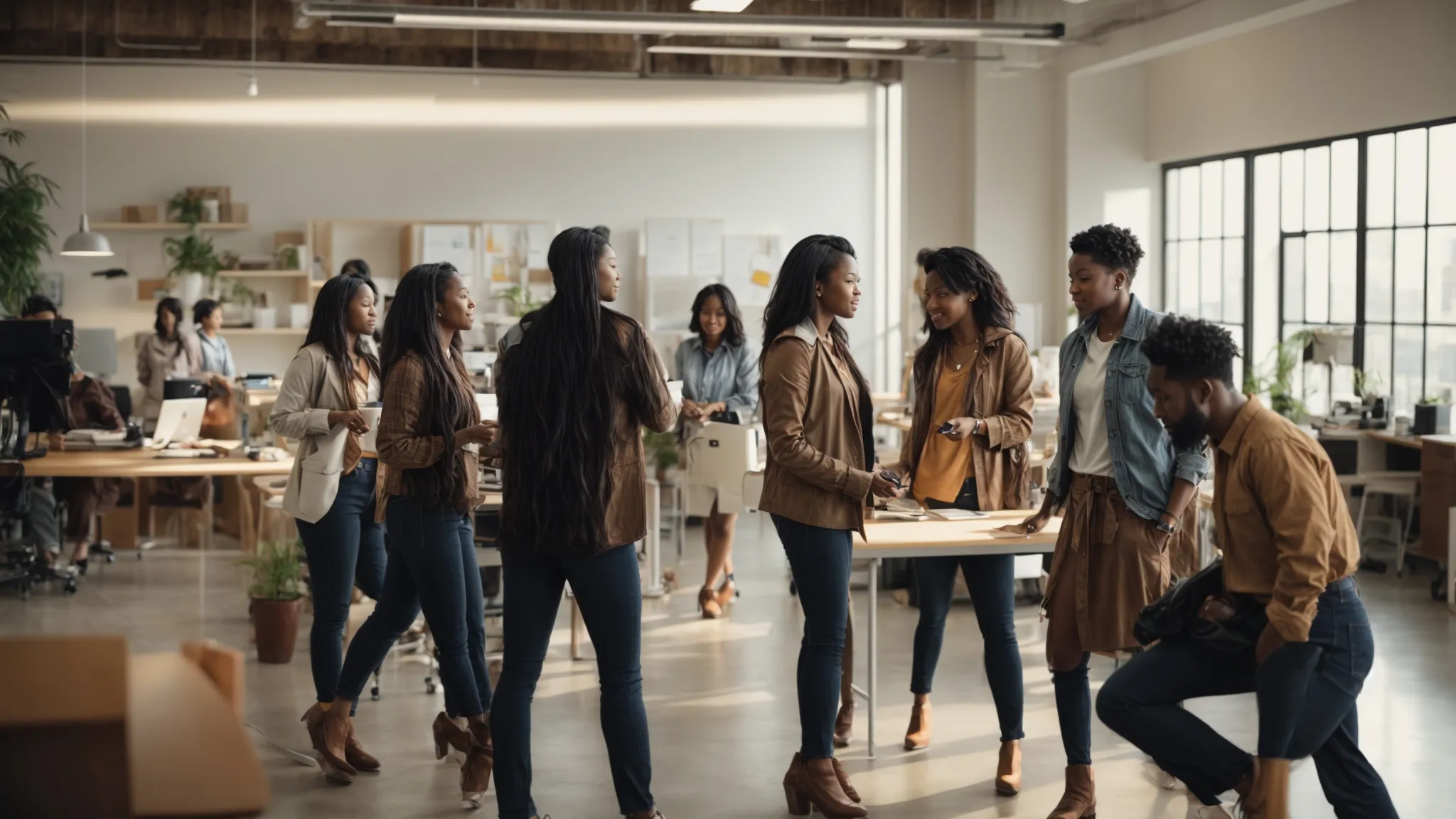 a diverse group collaborates energetically in a bright, open office space.